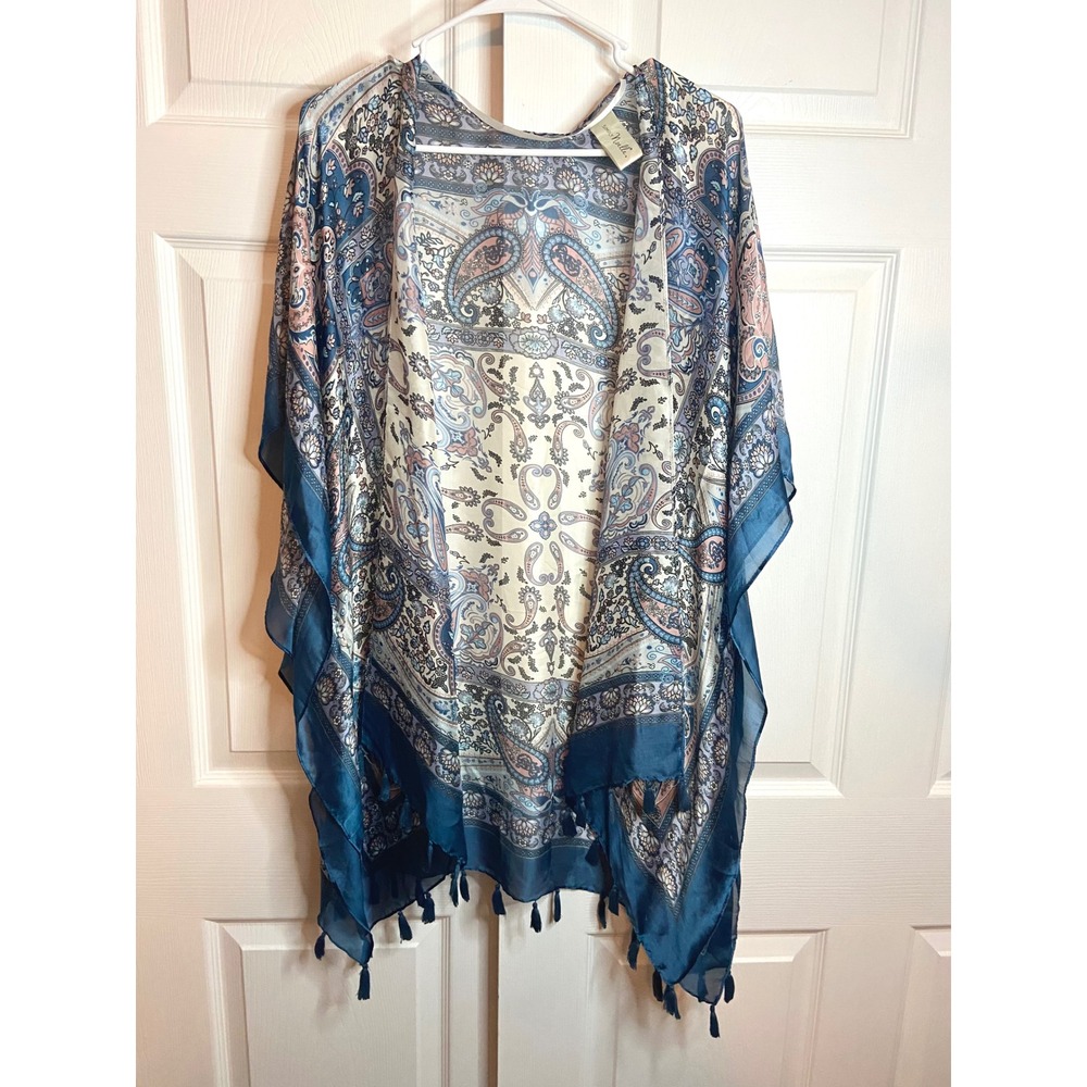 Simply Noelle Paisley Tassel Trim Kimono Wrap Blue Cream One Size Boho Layering